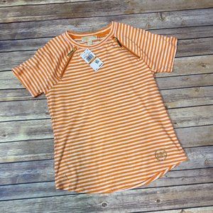 Michael Kors Orange/White Striped Gold Zipper On Shoulder T-shirt Size S